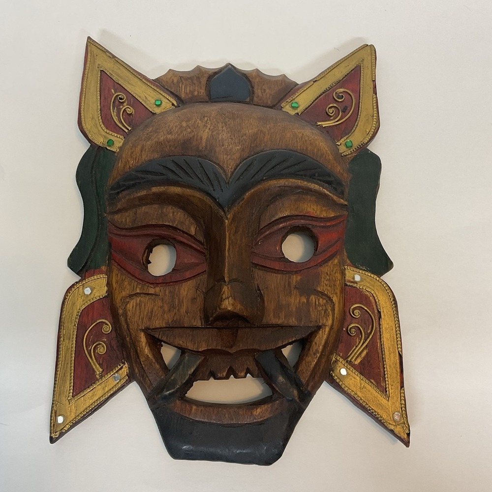 Vtg Hand Carved Wood Mask-Hand Carved & Painted-Decor - Rhinestones - 10 x 7 in.
